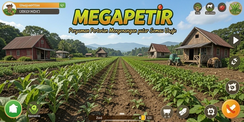 Tangkapan layar MEGAPETIR menampilkan aktivitas berkebun yang penuh warna dan interaksi menarik.