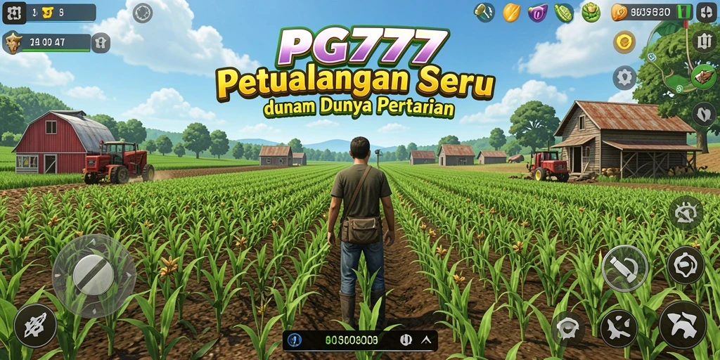 Tampilan gameplay PG777 yang menampilkan kebun yang subur dan hewan ternak.